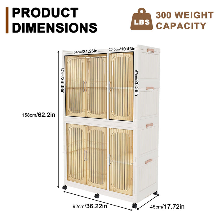 Cream white Giga portable wardrobe with six magnetic doors, six storage cubes, two hanging rods, and six hangers inside.