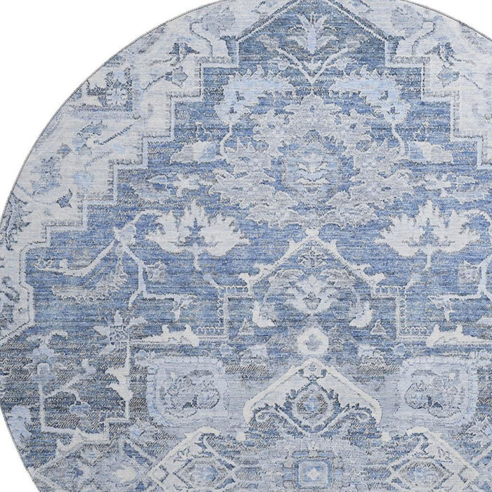 8' Floral Medallion Washable Round Rug With UV Protection - Denim Blue