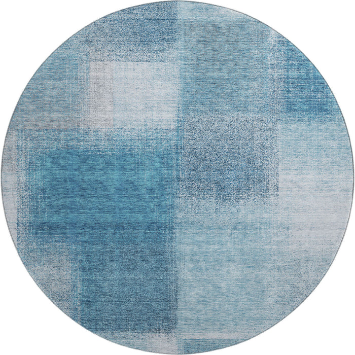 8' Abstract Washable Round Rug With UV Protection - Denim Blue / Ivory