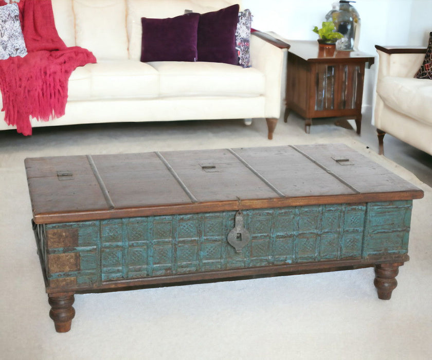 Traditional Storage Trunk Coffee Table - Brown and Teal