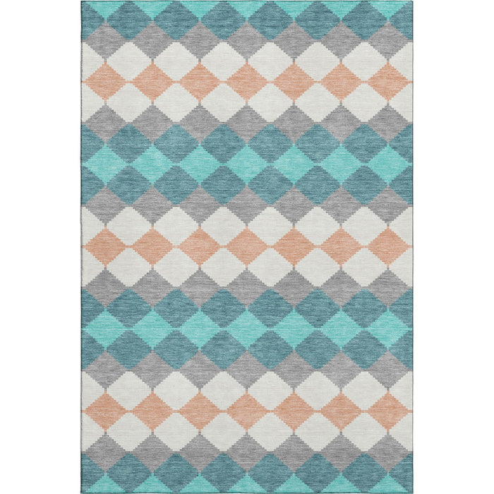 10' X 14' Geometric Washable Area Rug With UV Protection (679090) - Teal / Coral / Ivory