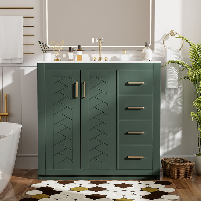 Giga bathroom vanity with sink, storage cabinet, three drawers, and soft-closing doors in a freestanding design