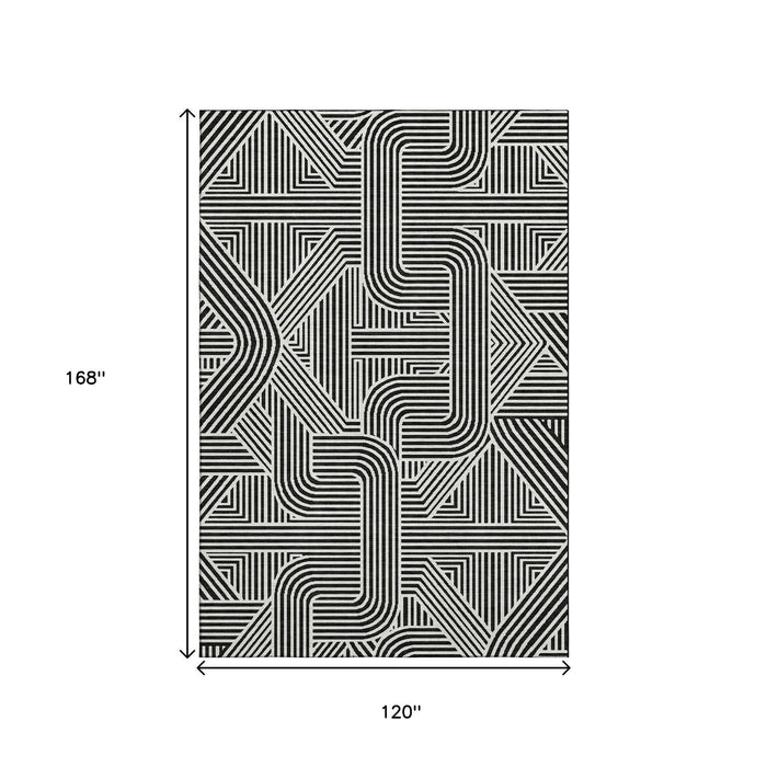 10' X 14' Abstract Geometric Washable Area Rug With UV Protection (672887) - Black / Ivory