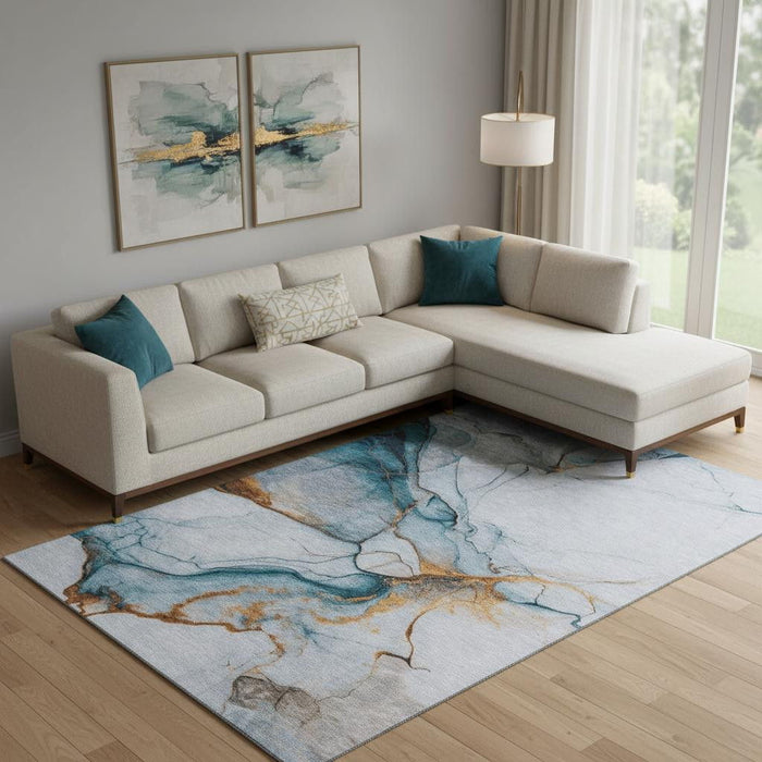 10' X 14' Abstract Washable Area Rug With UV Protection (697320) - Sky Blue / Copper / Ivory