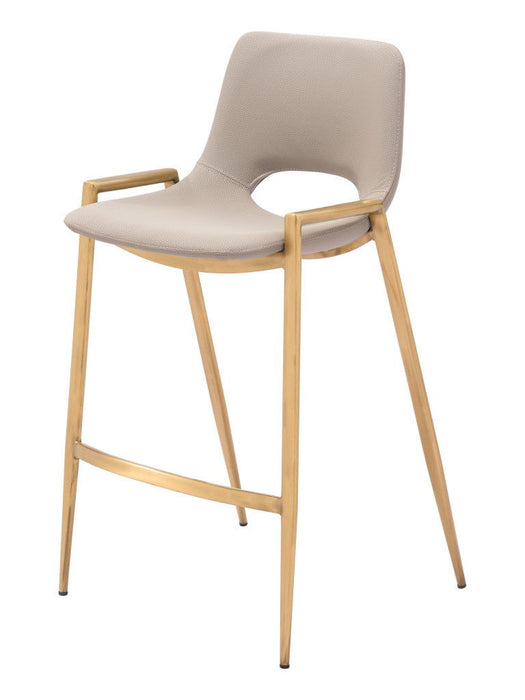 Set of 2 beige faux leather and steel low back counter height bar chairs with gold accents, perfect for modern kitchen or bar area.