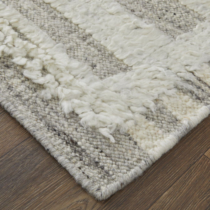 10' Wool Geometric Hand Woven Runner Rug - Gray And Ivory