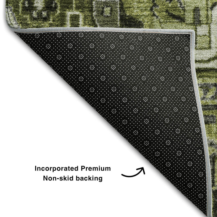 9' X 12' Oriental Washable Area Rug With UV Protection (649719) - Olive Green / Gray / Ivory