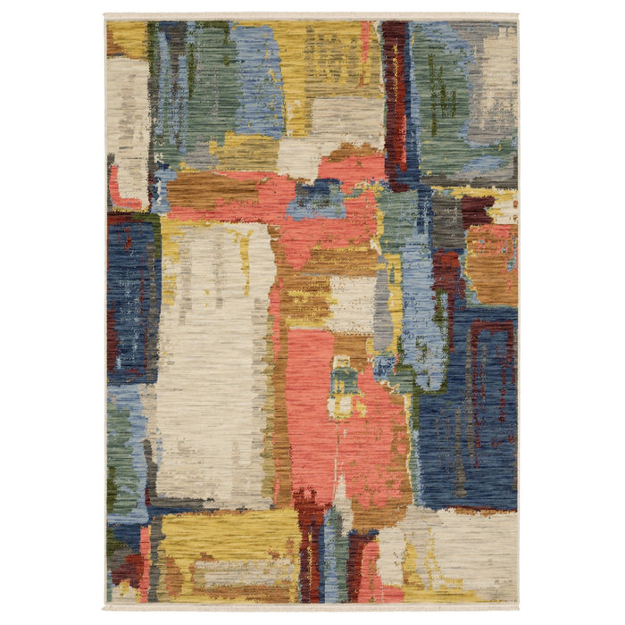 5' X 8' Abstract Area Rug With Fringe - Beige And Salmon