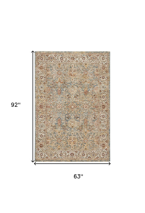 5' X 8' Floral Distressed Area Rug (550330) - Ivory / Blue / Orange