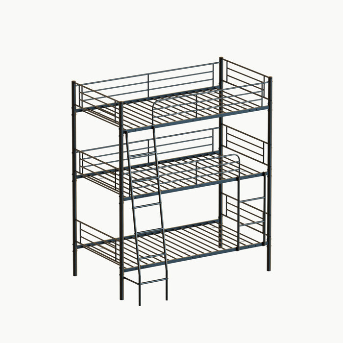 Black Giga twin size metal triple bunk bed, shown assembled with three separate beds, ideal for bedrooms or dormitories.