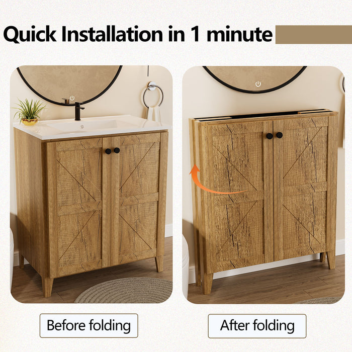 Giga folding floor cabinet with ceramic sink, space-saving vanity unit showing a compact bathroom storage solution