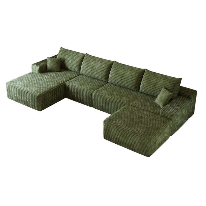 135" 2 Piece Living Room Set Corduroy Modular Compression Foam Sofa With Ottoman Toss Pillows - Green