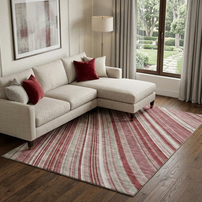 10' X 14' Striped Washable Area Rug With UV Protection (677483) - Burgundy / Gray / Ivory