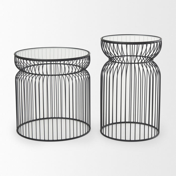 Tempered Glass Metal Wire Round Drum End Tables (Set of 2) - Clear / Black