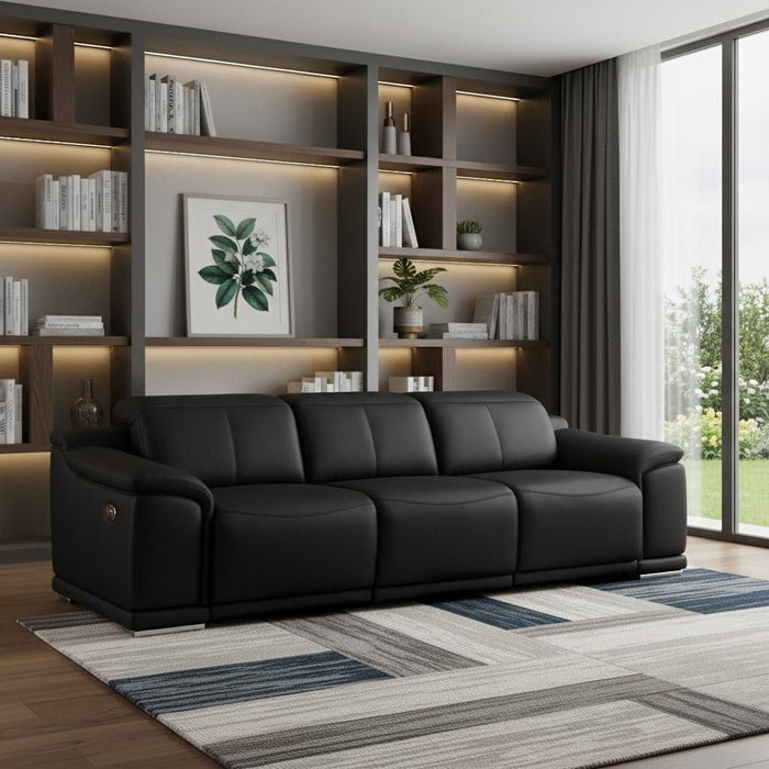 108" Leather Reclining USB Sofa - Black