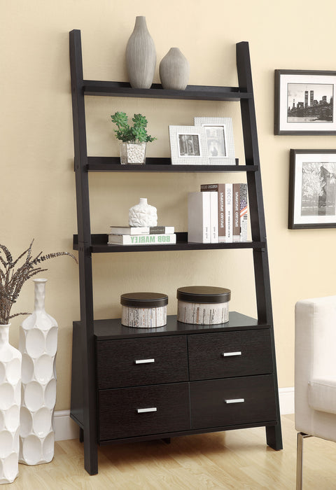 CoasterEveryday Colella 72-inch cappuccino wood ladder bookshelf with five shelves for storage and display.