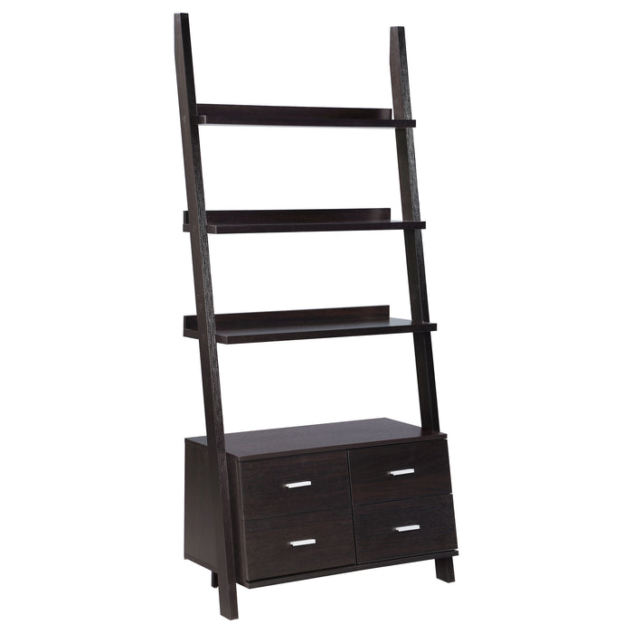 CoasterEveryday Colella 72-inch cappuccino 5-shelf storage ladder bookshelf showing five spacious shelves and sleek design