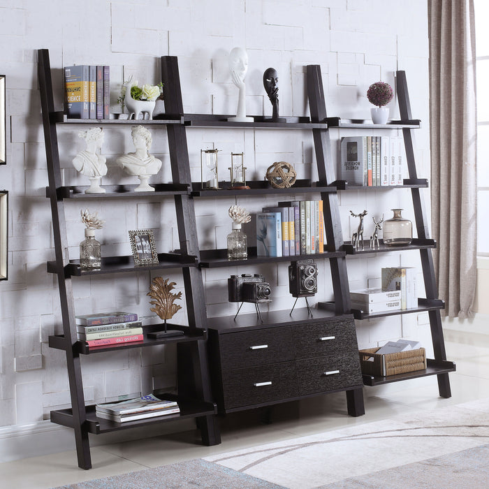 CoasterEveryday Colella 72-inch cappuccino 5-shelf storage ladder bookshelf with open shelving and modern design.