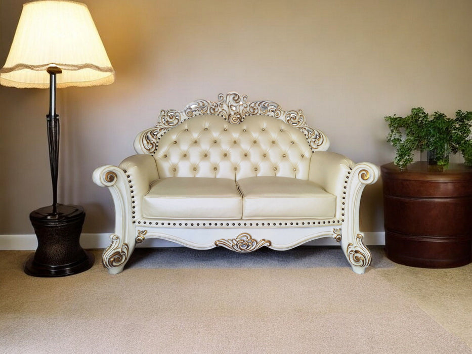 Faux Leather Loveseat And Toss Pillows - Champagne / Pearl