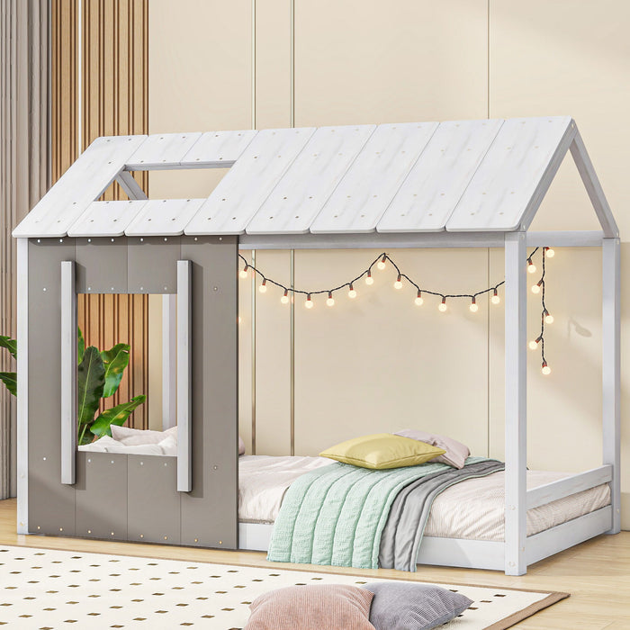 Giga twin size house platform bed with roof and window, natural and white finish, featuring a cozy, playhouse-style design for kids.