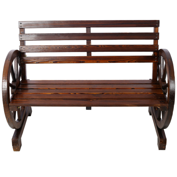 Rustic Giga wooden wagon wheel bench for two with slatted seat and backrest in brown, showcasing a charming country-style design.