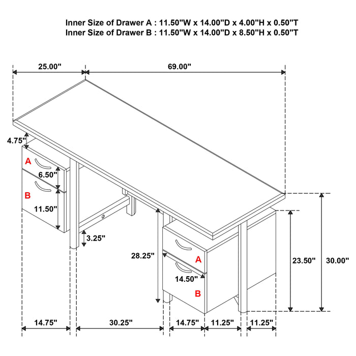 Roldan 69-inch 4-drawer Computer Desk with File Drawer Light Ash