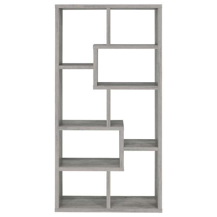 CoasterEveryday Theo 71-inch grey driftwood 6-shelf bookshelf with open storage compartments