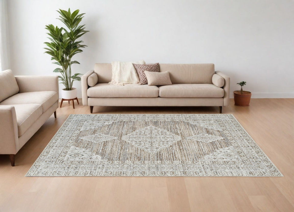 7.9' x 7.9' Abstract Distressed Polypropylene Area Rug - Beige And Brown