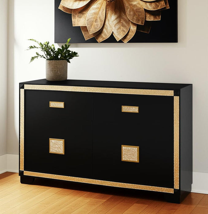 62" Faux Crystal Bling Wood Six Drawer Double Dresser - Black And Gold
