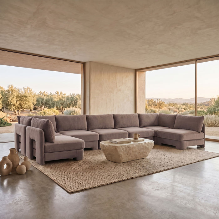 Velvet performance fabric U-shaped sectional sofa by Meridian Furniture with armless design in a stationary configuration.