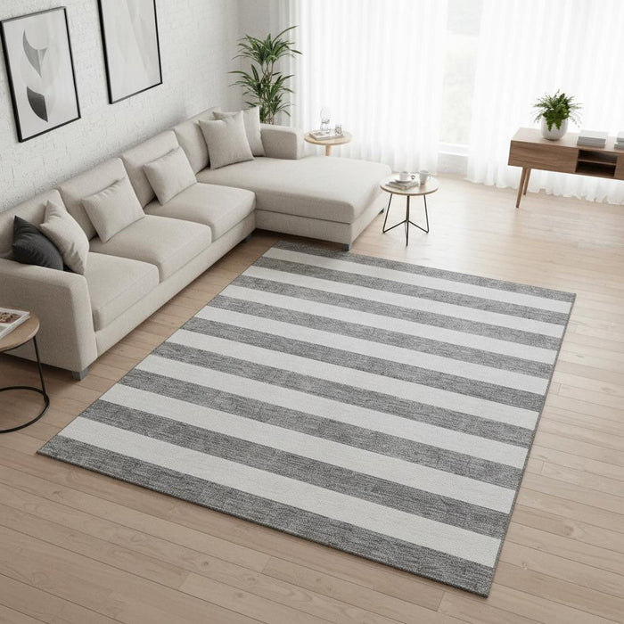 10' X 14' Striped Washable Area Rug With UV Protection (647590) - Gray / Ivory