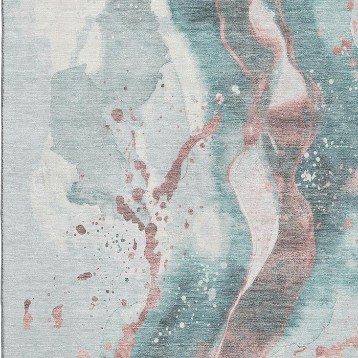 10' X 14' Abstract Washable Area Rug With UV Protection (694224) - Teal / Salmon / Ivory
