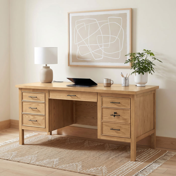 Vermes 66-inch 7-drawer computer desk by CoasterEveryday in light ash with power outlet