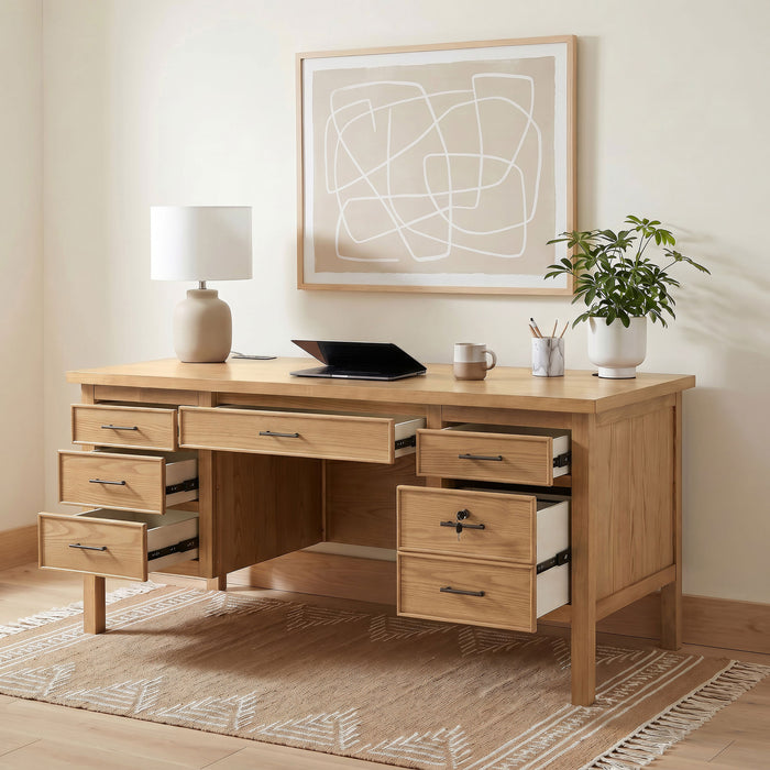 Vermes 66-inch 7-drawer computer desk with power outlet in light ash by CoasterEveryday
