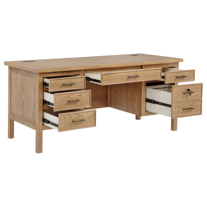 CoasterEveryday Vermes 66-inch 7-drawer computer desk in light ash with power outlet