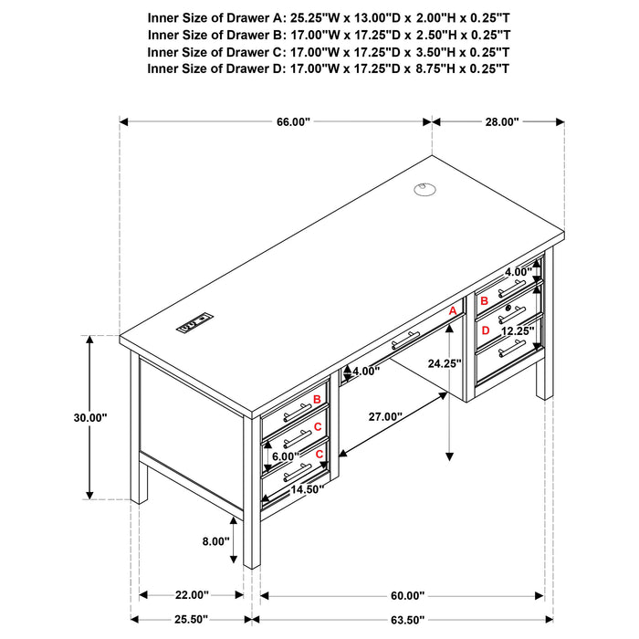 Vermes 66-inch 7-drawer Computer Desk with Power Outlet Light Ash