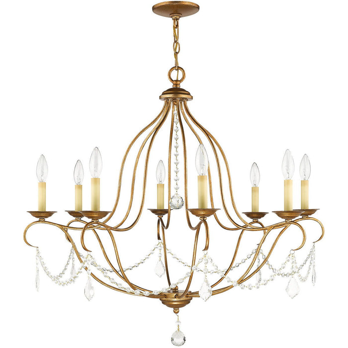 HomeRoots 30-inch antique gold chandelier with eight shades, dimmable lighting, elegant modern design, perfect for dining or living rooms.