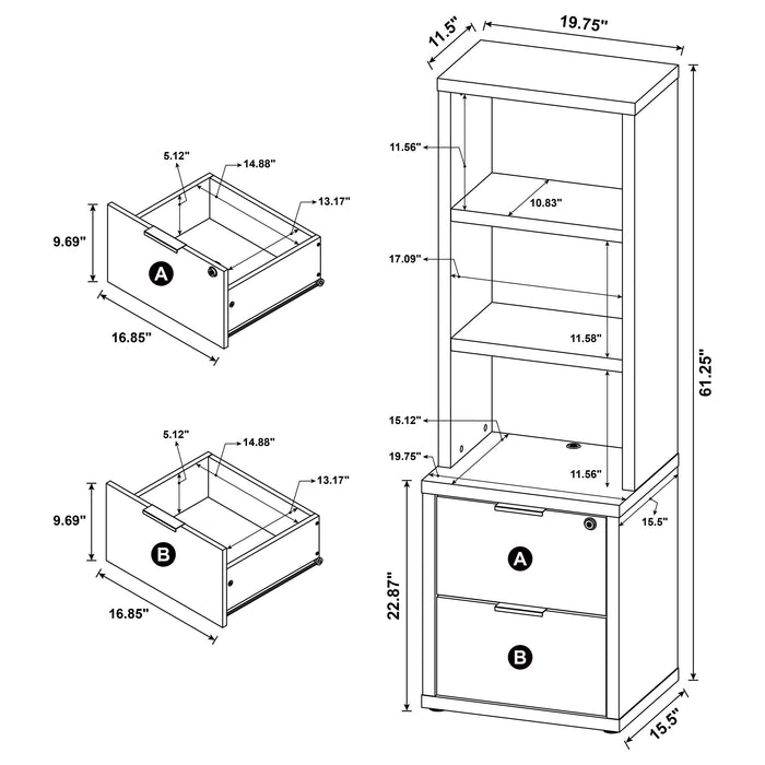 Westpark 3-shelf Bookcase USB and Lockable Drawer Dark Pine