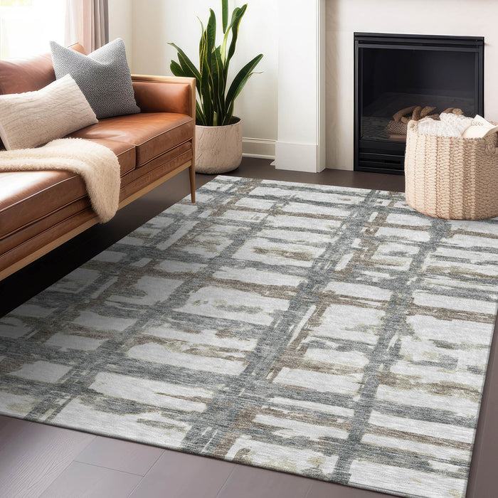 9' X 12' Striped Washable Area Rug With UV Protection - Silver And Gray