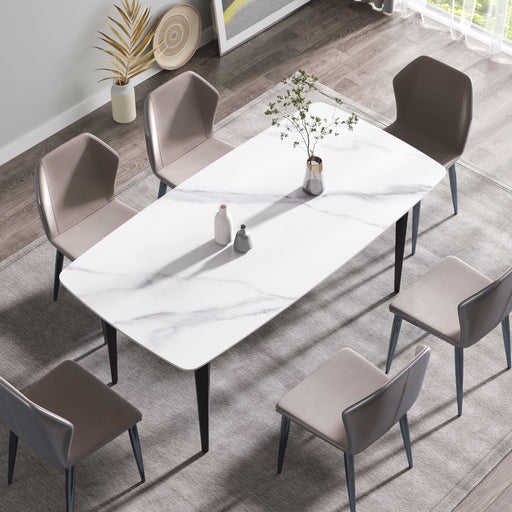 Modern Giga 70.87-inch artificial stone dining table with black metal curved legs, seats 6-8, featuring a white and black finish.