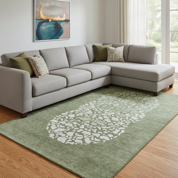 10' X 14' Abstract Washable Area Rug With UV Protection (653590) - Olive Green / Ivory
