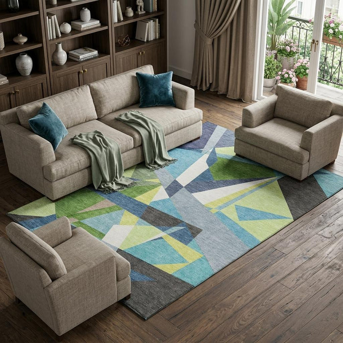 10' X 14' Geometric Washable Area Rug With UV Protection (694743) - Blue / Green / Gray