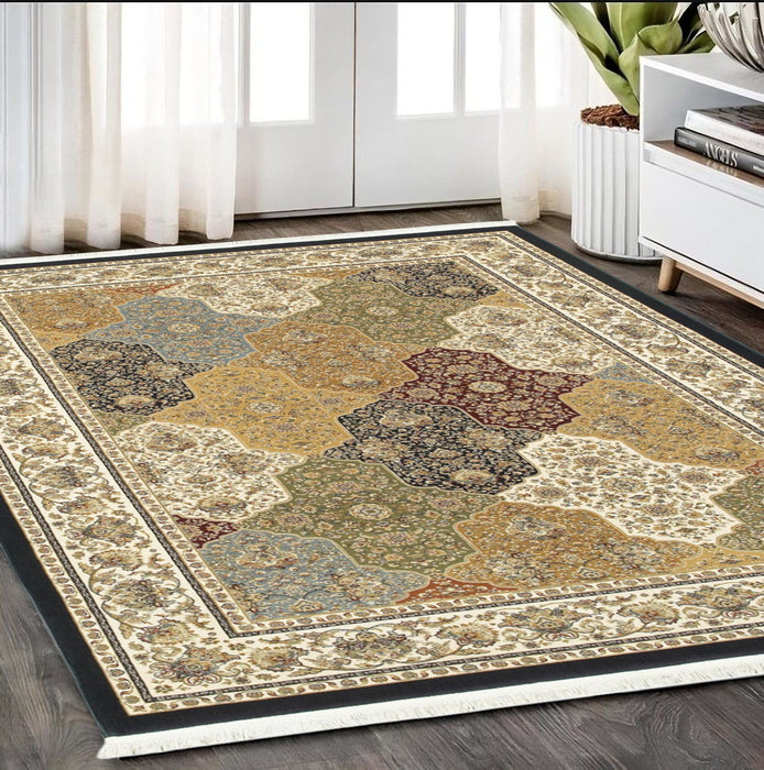 5' X 8' Oriental Area Rug With Fringe - Navy Blue And White
