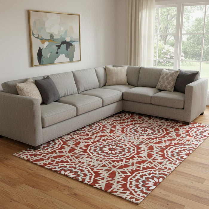 10' X 14' Geometric Washable Area Rug With UV Protection (652287) - Red / Ivory