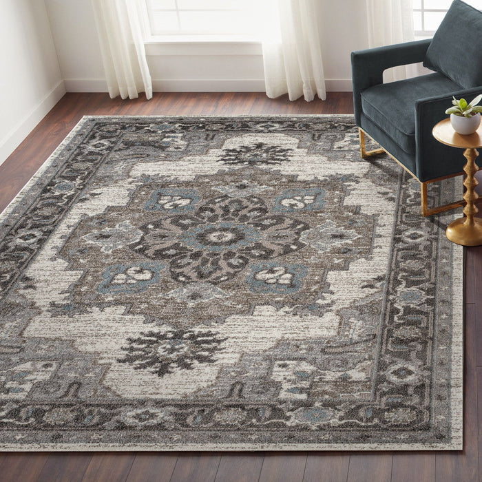 9' x 12' Medallion Power Loom Area Rug - Ivory Taupe And Gray