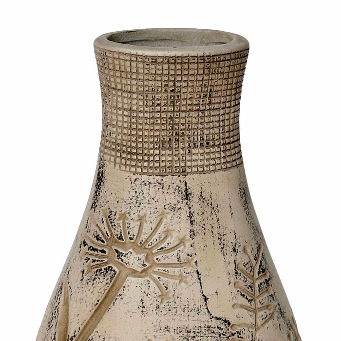 Gray earthenware vase with floral pattern from TOV Furniture, showcasing a decorative vase with detailed floral designs.