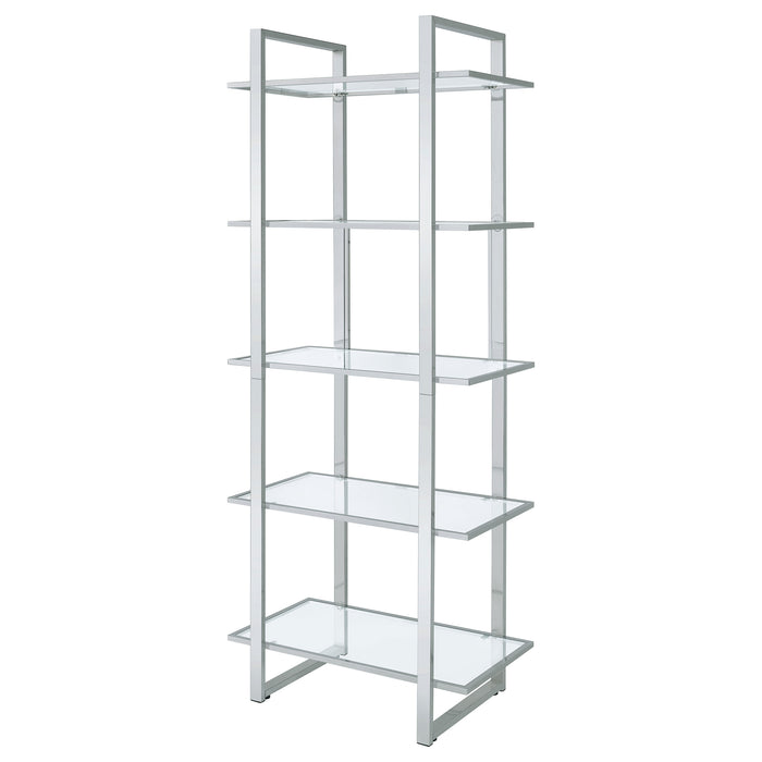 CoasterEssence Hartford 79-inch 5-shelf glass bookshelf in chrome finish