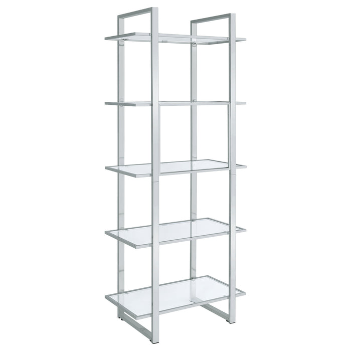 CoasterEssence Hartford 79-inch 5-shelf glass bookshelf in chrome finish