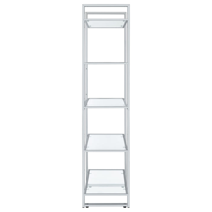 CoasterEssence Hartford 79-inch 5-shelf glass bookshelf in chrome finish