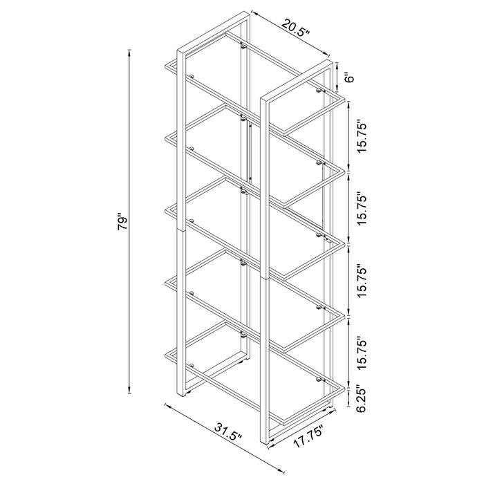 CoasterEssence Hartford 79-inch chrome glass bookshelf with five shelves